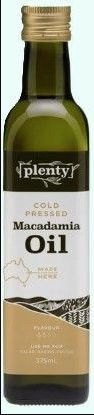 Bottle of Plenty cold pressed macadamia oil on a white background