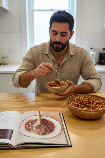 An open printed cookbook or recipe book lying on a light wood tabletop, showing a page with a photo of chickpeas in a wooden spoon on a white plate.