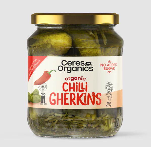 Ceres Organics Gherkins Spicy Chilli Whole No Added Sugar 670g