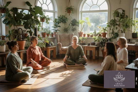 Five women meditate in a circle on mats inside a sunlit room filled with potted plants. A purple 'Grassroots Wellness' logo appears in the bottom right corner.