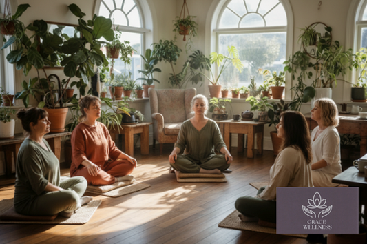Five women meditate in a circle on mats inside a sunlit room filled with potted plants. A purple 'Grassroots Wellness' logo appears in the bottom right corner.