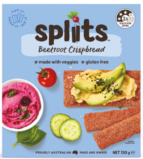 Front of a Splits Beetroot Crispbread box on a light blue background, showing the product branding, ingredient imagery including beetroot, avocado, cucumber, and a cracker topped with spread, plus text noting veggie-based and gluten free.