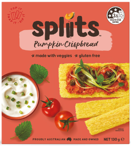 Front of a Splits Pumpkin Crispbread packaging box on a red background, showing the Splits logo, product name, ingredients/claims, and photos of crumb sticks topped with tomato sauce and greens, along with a side of white dip and tomatoes.