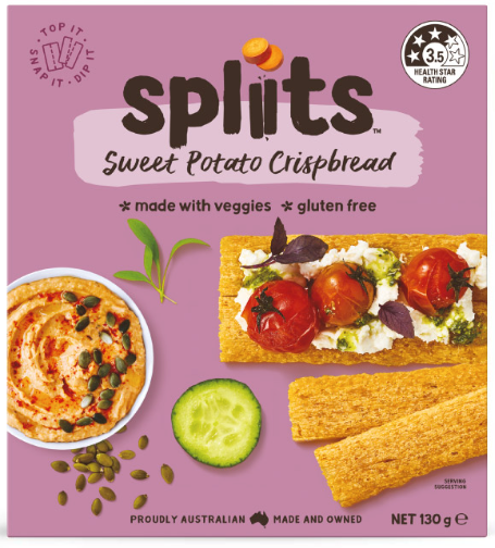 Front of a Spliets Sweet Potato Crispbread box on a dusty purple background, showing the brand name, product type, ingredients, and a serving suggestion with hummus, tomatoes, cucumber, and additional crisps. A Health Star Rating badge appears in the top right.