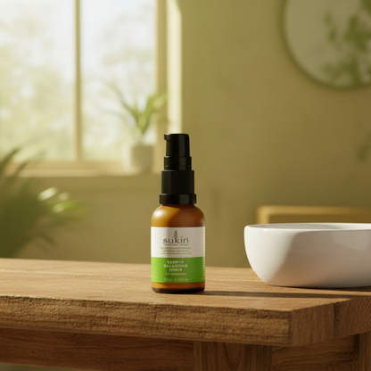 Sukin natural serum bottle with pump on beige background