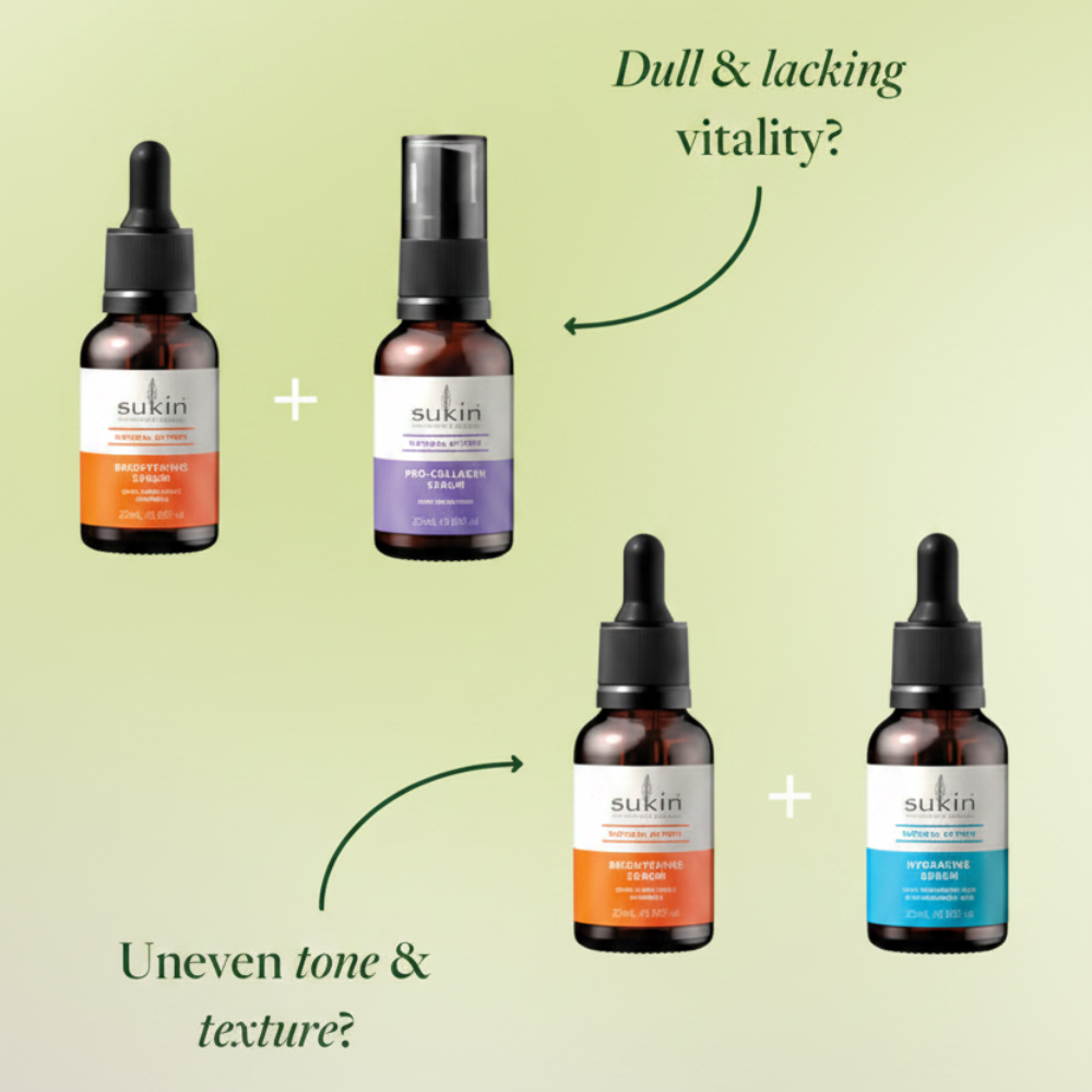 Sukin skincare products on an orange gradient background with text about skin issues.