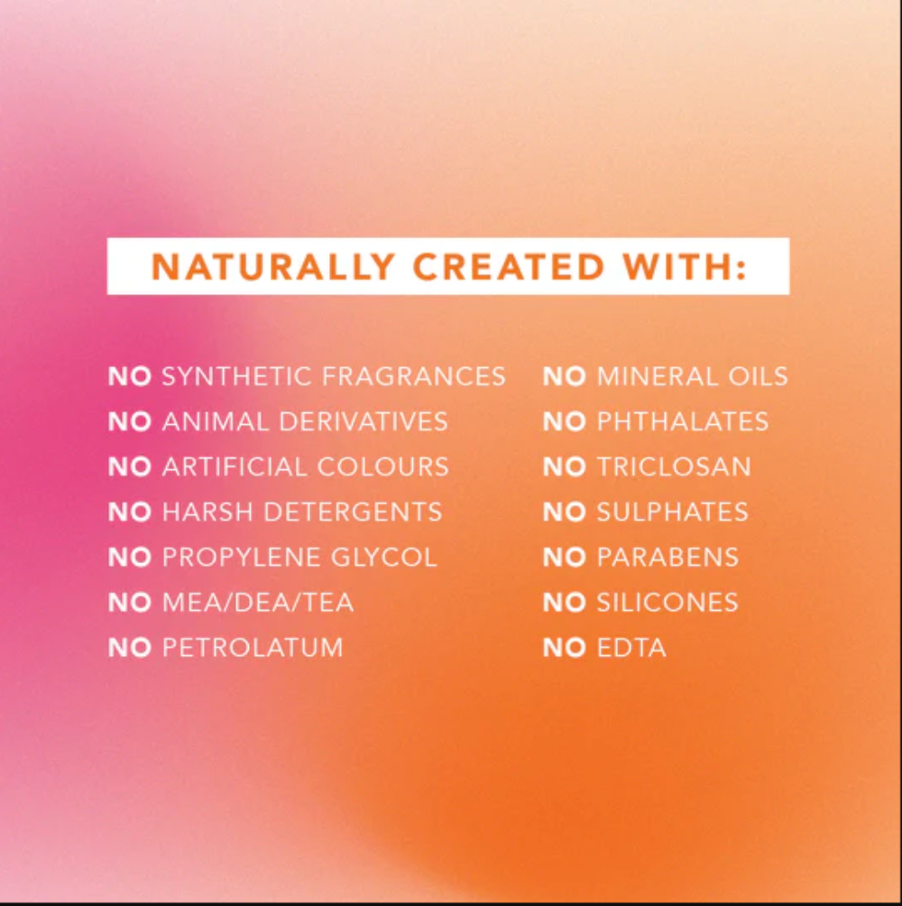 List of ingredients not used in a product on a gradient background