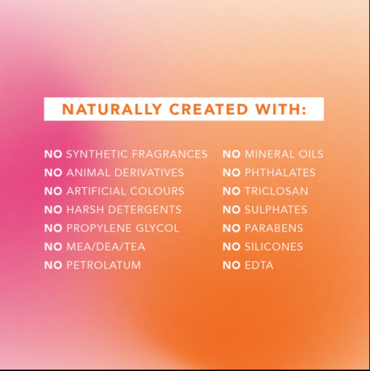 List of ingredients not used in a product on a gradient background