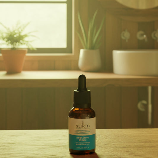Sukin hydrating serum bottle on a white background