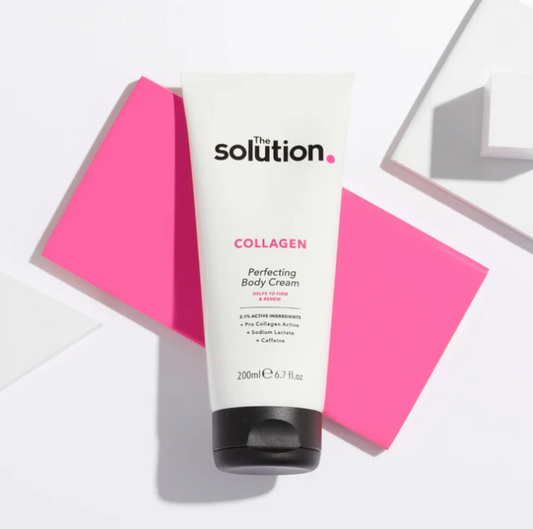 Collagen perfecting body cream tube with pink and gray geometric shapes on a white background