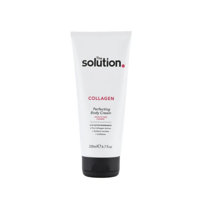 Tube of 'The Solution' collagen perfecting body cream on a white background
