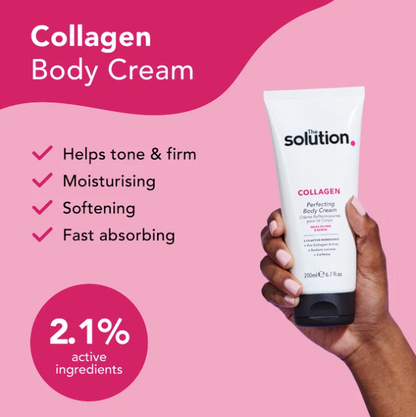 Collagen body cream with hand holding it against a pink background
