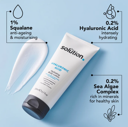 Tube of 'The Solution' Hyaluronic Acid body lotion with ingredients displayed on a blue background