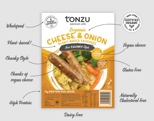 Tonzu Organic Cheese & Onion Chunky Sausages 300g