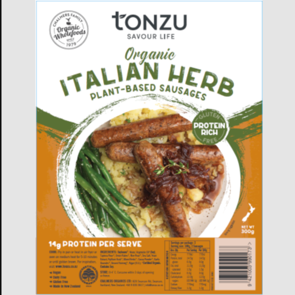 Front packaging of Tonzu Savour Life Organic Italian Herb Plant-Based Sausages, featuring a food label with a plated sausage dish, green beans, and orange and white background design.