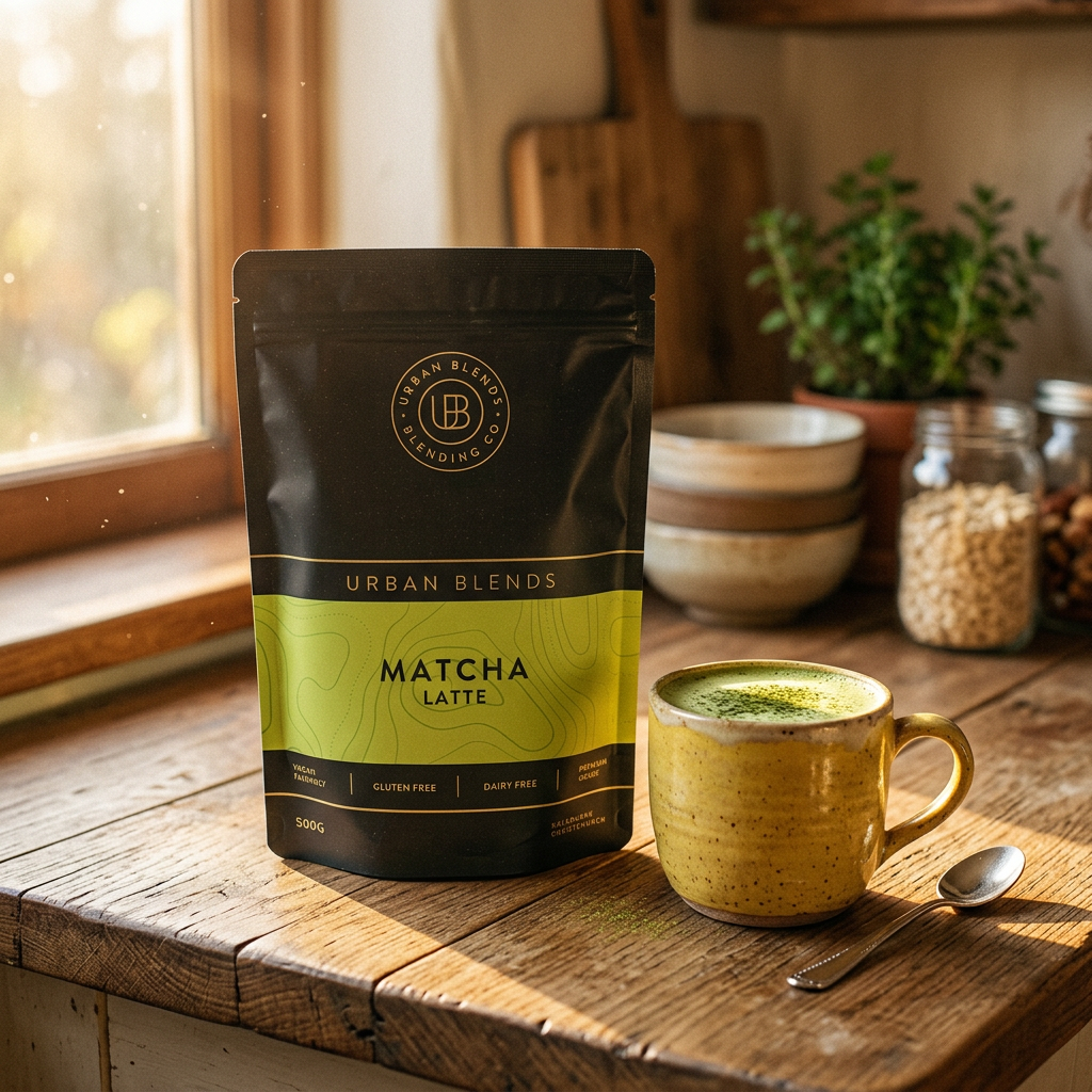 A 500g stand-up pouch of Urban Blends Matcha Latte on a white background. The packaging is black with a bright lime green band across the middle and gold accents.