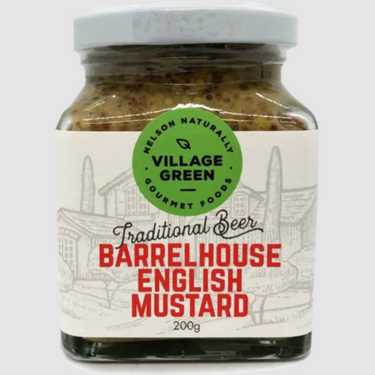 Jar of Village Green Traditional Beer Barrelhouse English Mustard on a white background
