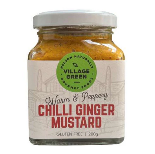 Jar of Village Green Chilli Ginger Mustard on a white background