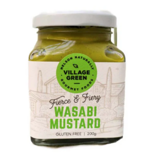 Jar of Village Green Fierce & Fiery Wasabi Mustard on a white background