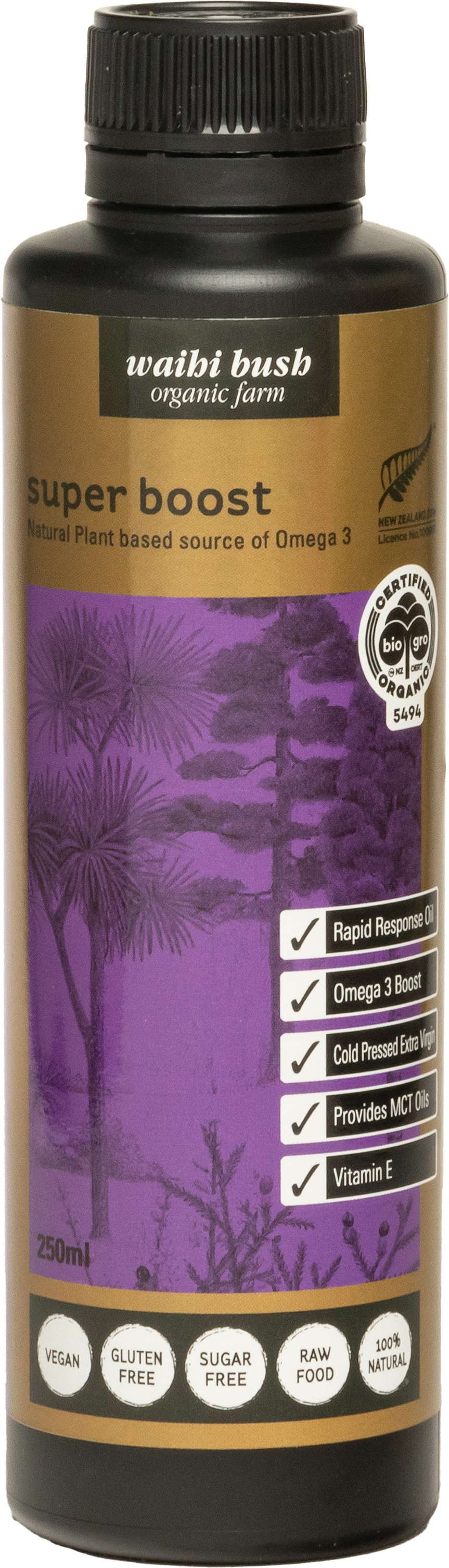 Bottle of Waihi Bush Super Boost with purple label and black cap.