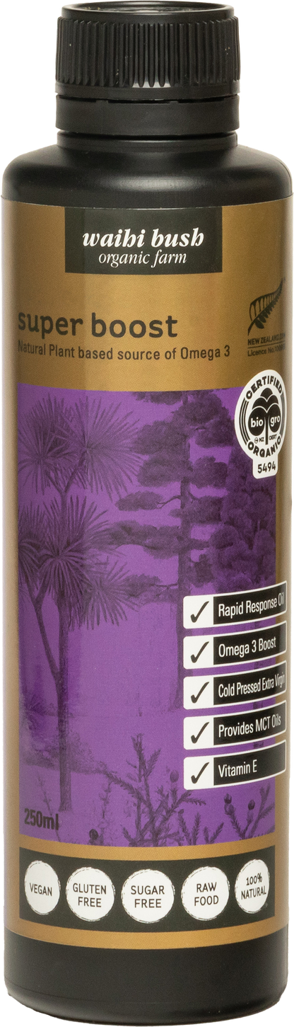 Bottle of Waihi Bush Super Boost with purple label and black cap.