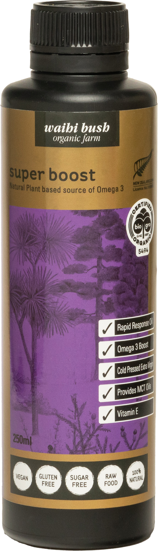 Bottle of Waihi Bush Super Boost with purple label and black cap.