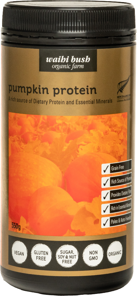 Container of waibi bush pumpkin protein with pumpkins on label
