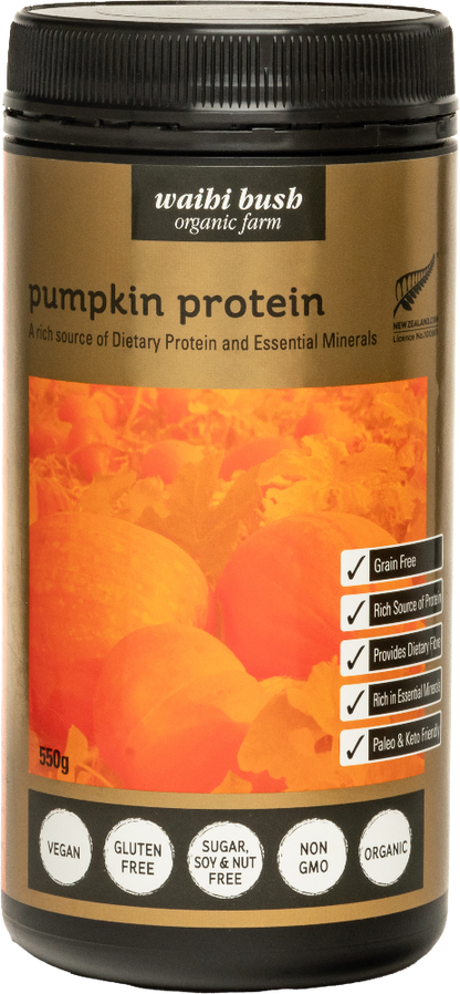 Container of waibi bush pumpkin protein with pumpkins on label
