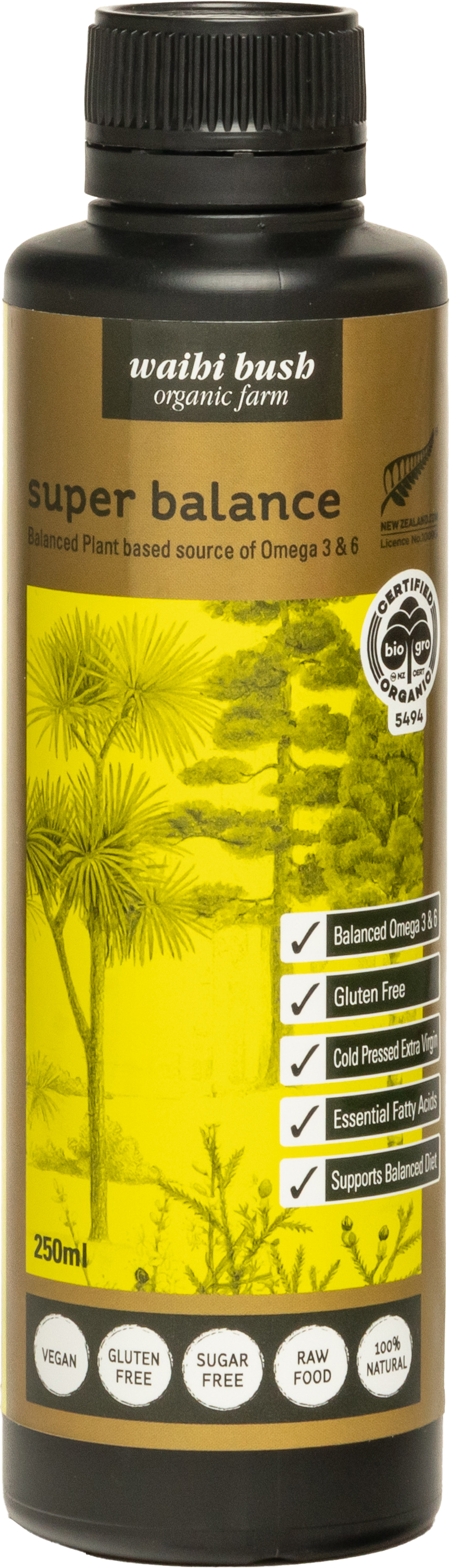 Waibi Bush Organic Farm super balance supplement bottle with yellow label and plant imagery
