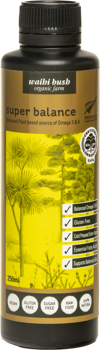 Waibi Bush Organic Farm super balance supplement bottle with yellow label and plant imagery