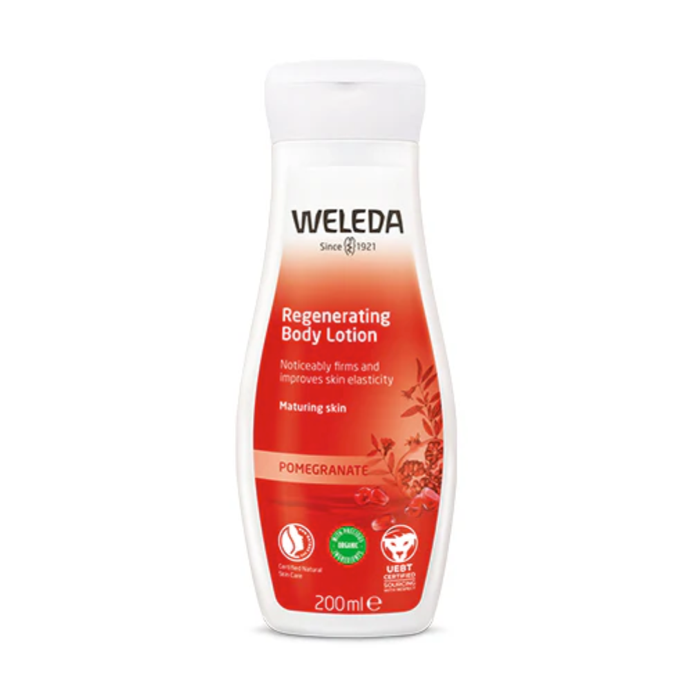 Weleda regenerating body lotion bottle with red label on a white background