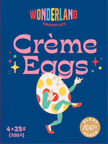 Box of Wonderland Vegan Chocolate Crème Eggs with a cartoon character on a blue background