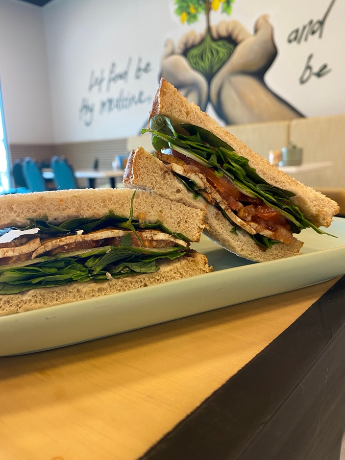 the PBCafe balsamic marinated tofu salad sandwich on gluten free bread