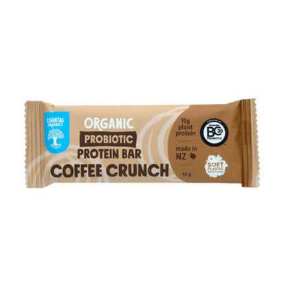 Packaging of Chantal Coffee Crunch Protein Bar 45gm, indicating it is an organic probiotic protein bar with 12g of protein, made in NZ, and has a coffee crunch flavor.