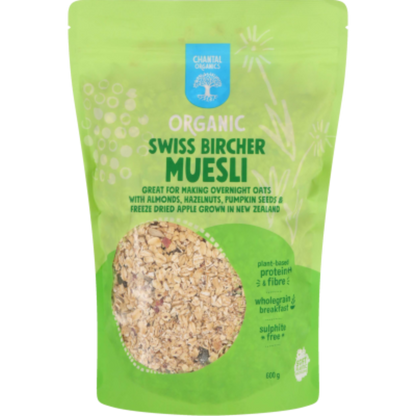 Packaging of Chantal Swiss Bircher Muesli 600gm showing the product and its organic certification logos.