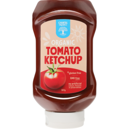 A bottle of Chantal Organic Tomato Ketchup with the label showing a ripe tomato and the certifications like gluten-free, GMO-free, and no artificial colors or flavors.
