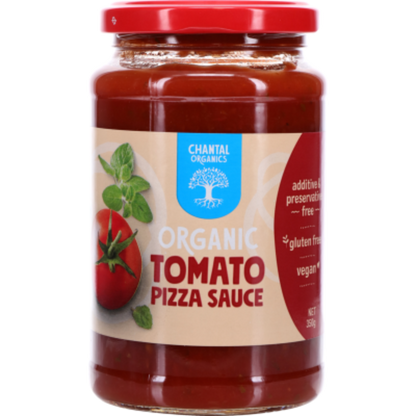 A jar of Chantal Organic Tomato Pizza Sauce with a red lid and a label showing a tomato and basil leaves.