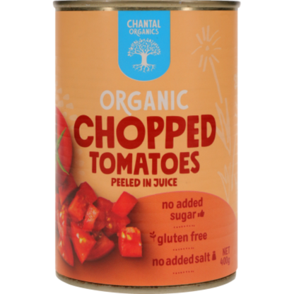 A can of Chantal organic chopped tomatoes peeled in juice, indicating no added sugar, salt, and gluten free on the label.