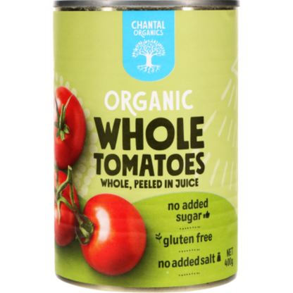 A can of Chantal organic whole peeled tomatoes. The label shows the brand name, the product name, and additional information such as 'no added sugar', 'gluten free', and 'no added salt'.