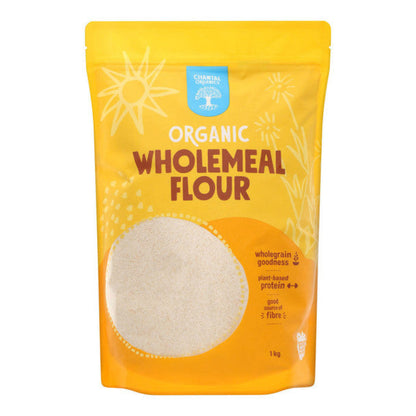 Packaging of Chantal Wholemeal Flour 1Kg, showing the product name and a window displaying the flour inside.