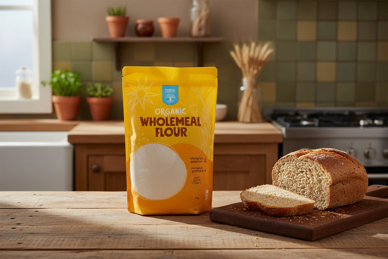 Packaging of organic wholemeal flour with a yellow background