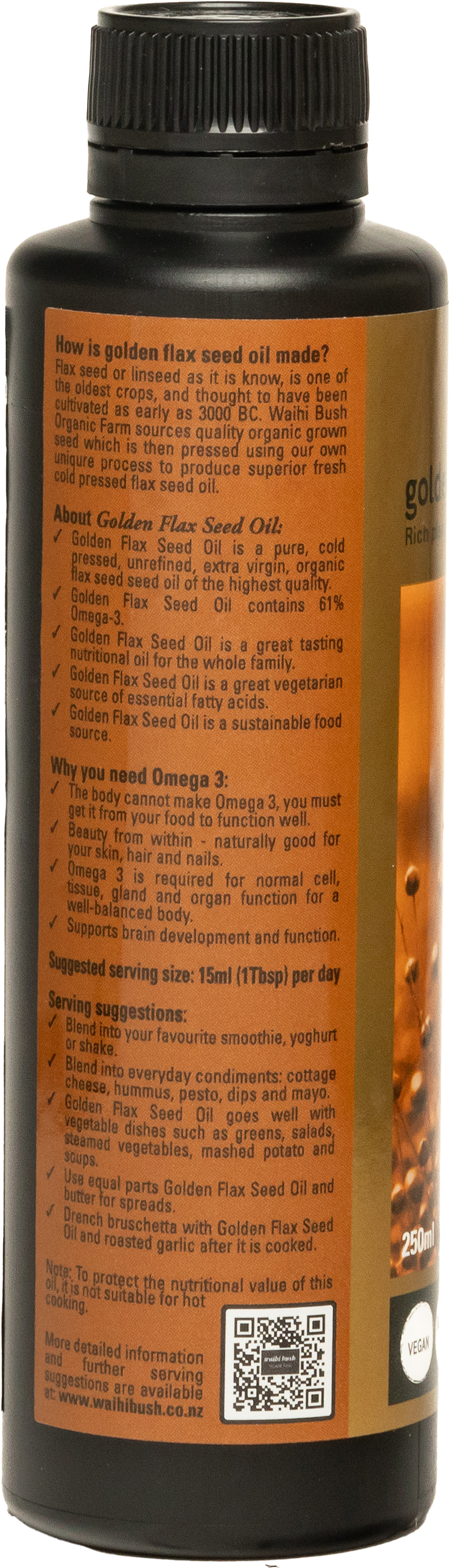 Waihi Bush Organic Golden Flax Seed Oil 250ml