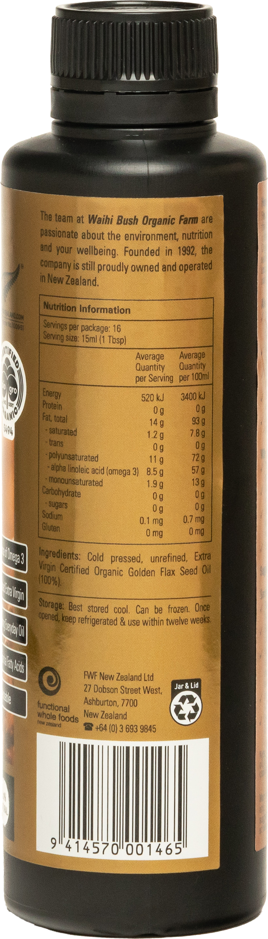 Waihi Bush Organic Golden Flax Seed Oil 250ml