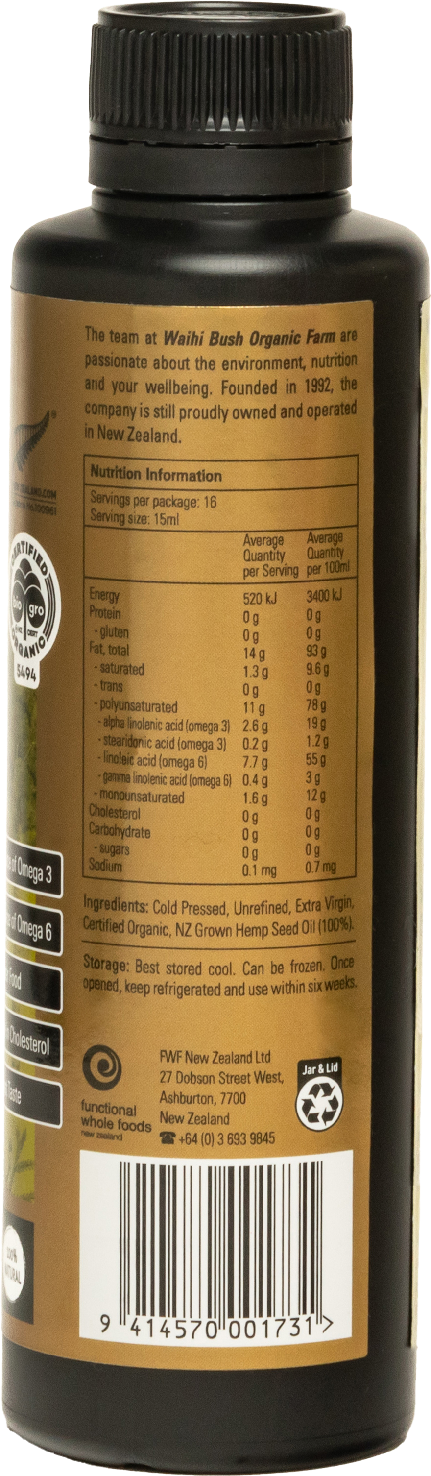 Waihi Bush Organic Hemp Seed Oil 250ml