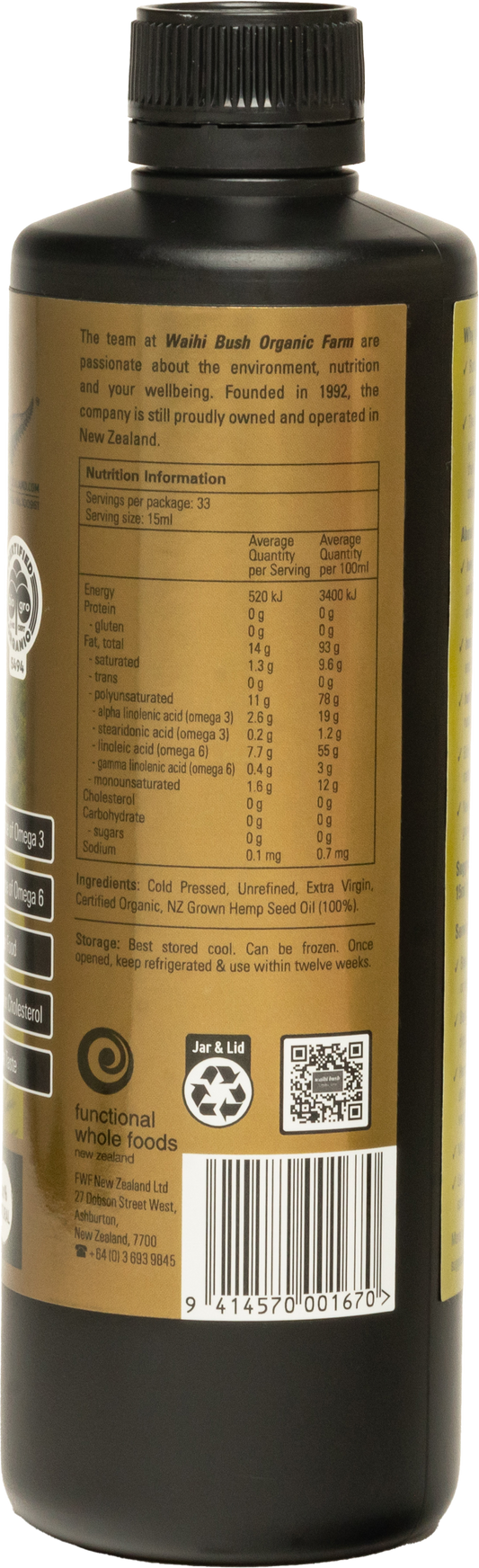 Waihi Bush Organic Hemp Seed Oil 500ml