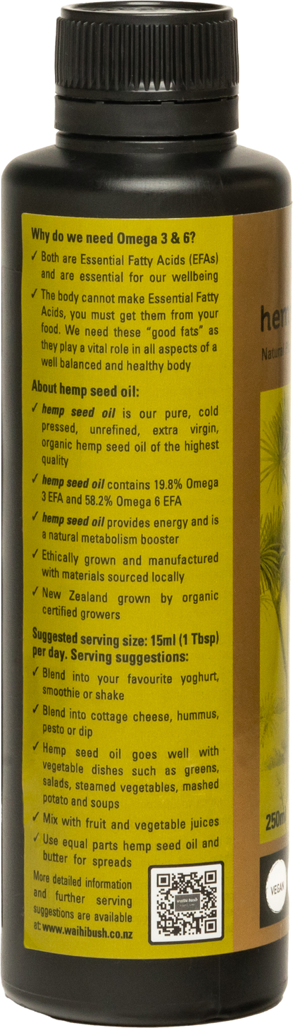 Waihi Bush Organic Hemp Seed Oil 250ml