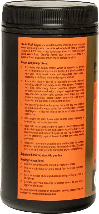Container with black lid and orange label containing text