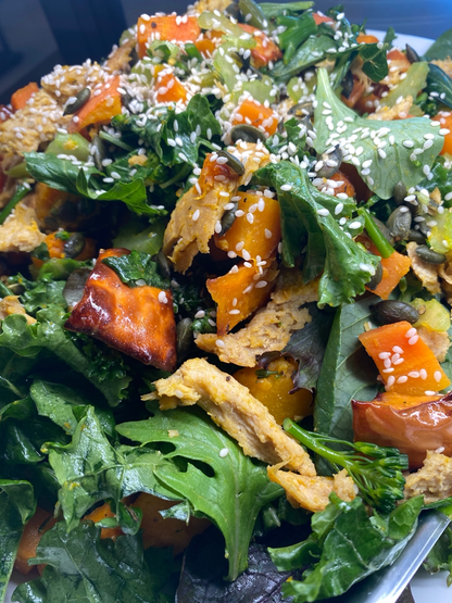 we love working with kiwi brands and this lovely salad with roast pumpkin, kale, baby spimach and NOT Chook from Dunedin based let them eat vegan 