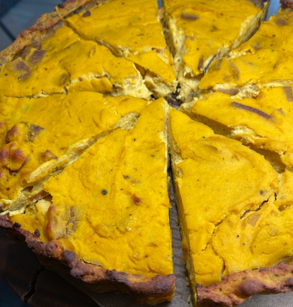 PBCafe rustic roast pumpkin & let them eat vegan NOT bacon pie in a roast potato & spinach crust