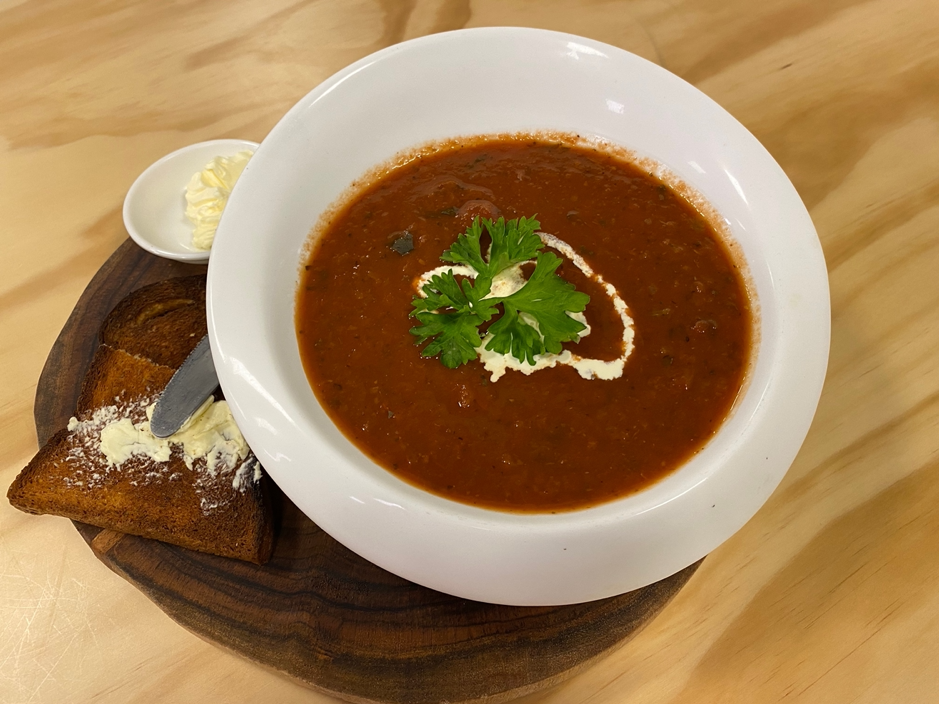 PBCafe vegan rustic winter tomato soup served with sourdough or gluten free toast and vutter spread